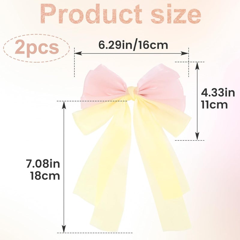 STSTR 2Pcs Large Hair Bow Clips, Pink Yellow Silk Yarn Ribbon Bow Hair Barrette for Women, Elegant Long Tail Bowknot French Accessories for Wedding, Parties, Festivals - Style 2 - Image 2